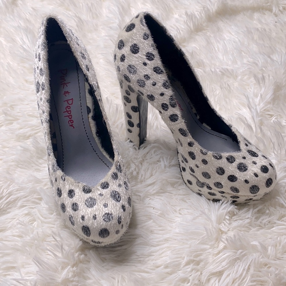 Pink & Pepper Black White Dalmatian Spot Print Fur Heels Size 6